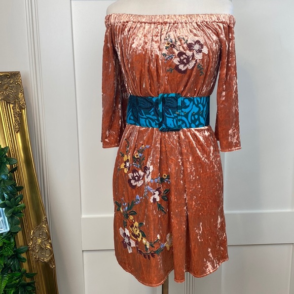 Blu Pepper Velvet off shoulder embroidered dress | Sz S - Picture 1 of 8